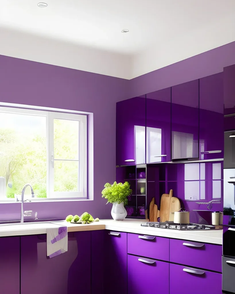 Modern purple kitchen with white countertops and stainless appliances Toronto renovation