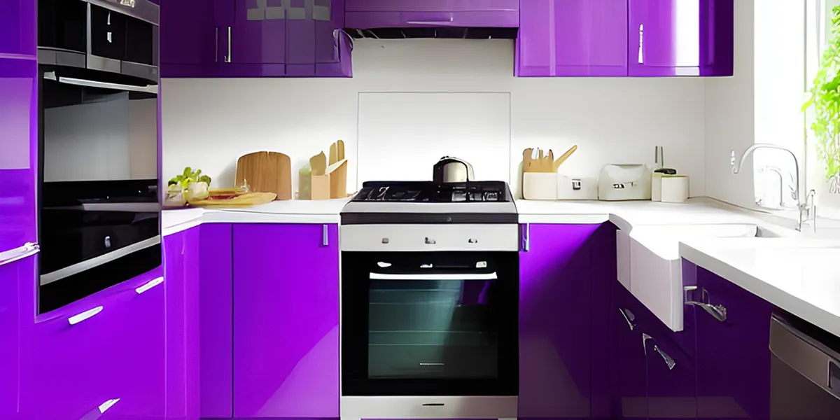 Purple high-gloss kitchen cabinets with built-in oven and gas cooktop installation