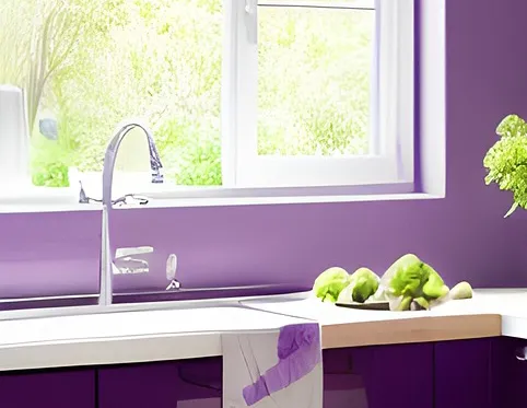 Kitchen sink and window detail with purple cabinets and white quartz countertop